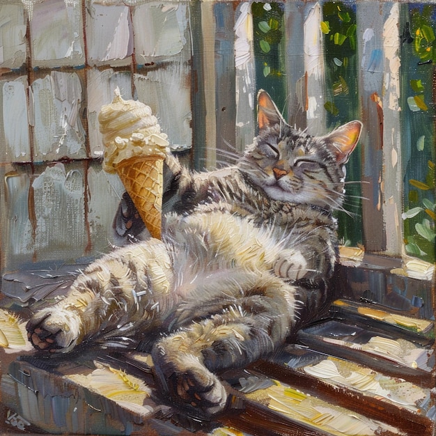 Lazy cat ice cream treat shaded porch backdrop summer day close perspective warm light