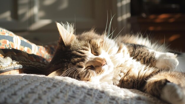 A lazy cat lounges in a sunbeam its purring a soothing sound that brings peace and comfort