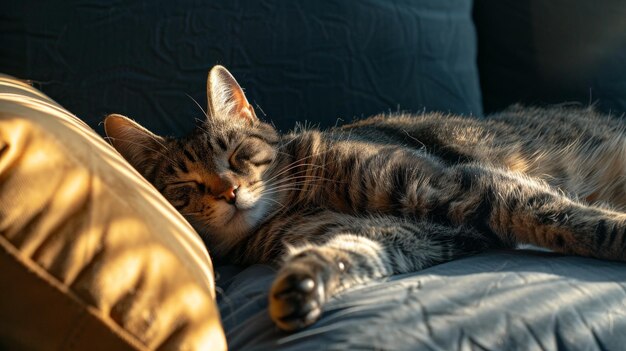 A lazy cat lounges in a sunbeam its purring a soothing sound that brings peace and comfort