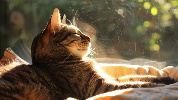 A lazy cat lounges in a sunbeam its purring a soothing sound that brings peace and comfort