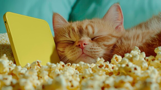 Photo lazy day with a tablet popcorn and a cute ginger cat on the bed