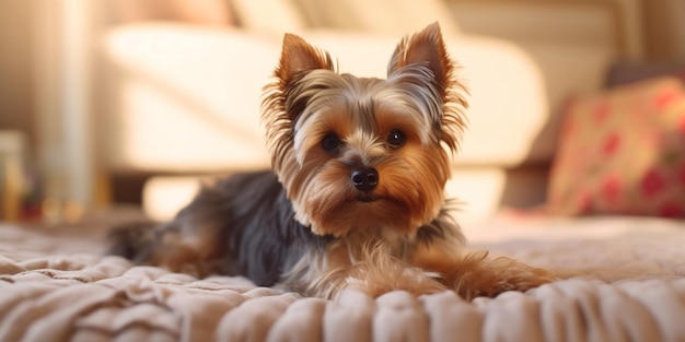 lazy dog laying on the bed that say yorkshire terrier