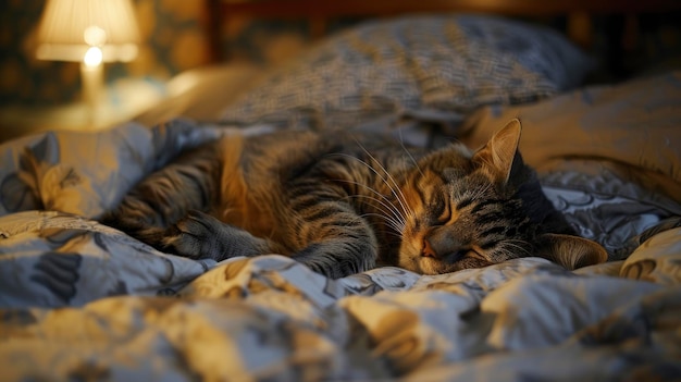 Lazy tabby gray cat sleeping on the bed cozy bedroom with warm ambient lighting peaceful and relaxed atmosphere detailed and sharp hd quality ar 169 Job ID 9ecd899ea94e4f9d9b1062ddef144d6e