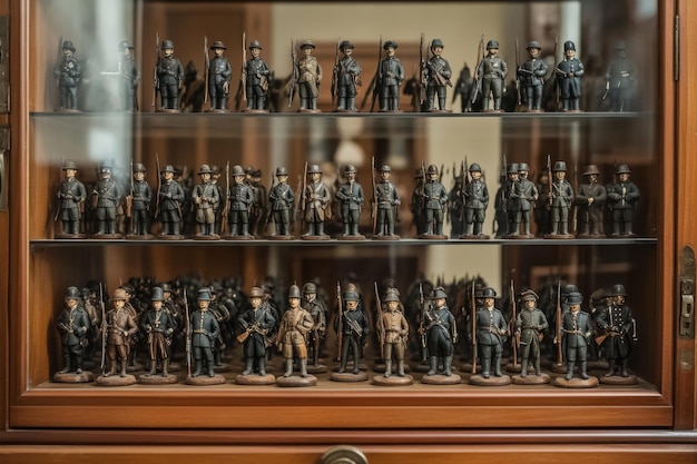 Photo lead soldiers display in a wooden cabinet