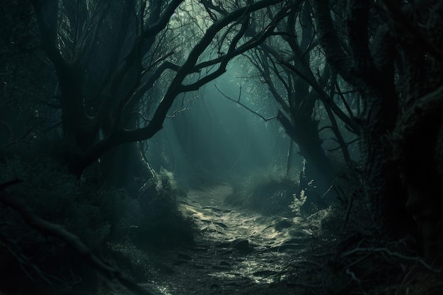 Lead the viewer down a dark and winding forest path where gnarled trees cast long shadows and strang