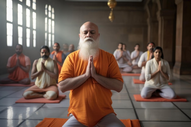 Leader guiding team in morning yoga session