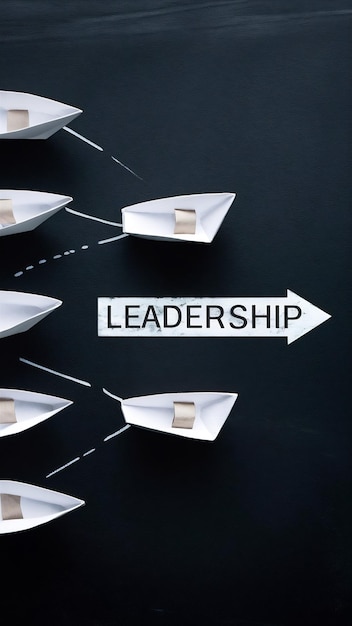 Photo leadership banner concept with paper boat on blackboard background one leader ship leads others