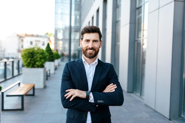 Leadership ceo manager and boss Smiling confident young attractive european man with beard in suit with crossed arms