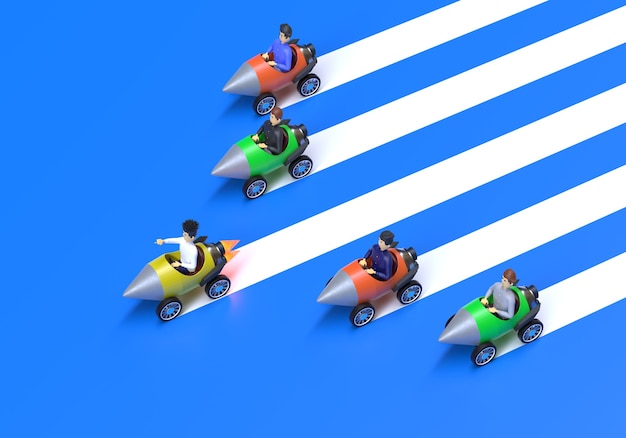 Leadership and competition concept Businessman leads the race against the slow rockets 3d render