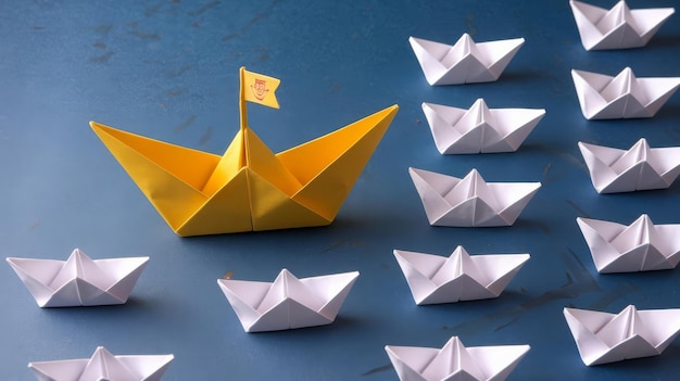 Leadership concept yellow color paper ship origami leading the rest of the white paper ship on blue