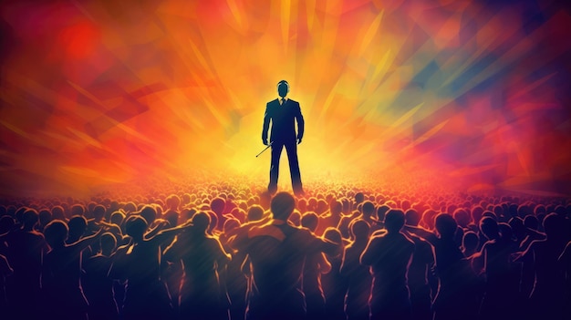 Leadership conceptual image true born leader standing in front of the cheering crowd vivid color AIG32 beautiful Generative AI AIG32