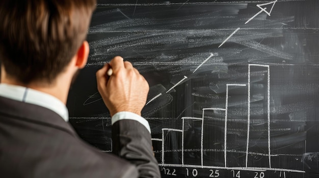 Leadership and development businessman visualizes growth on chalkboard