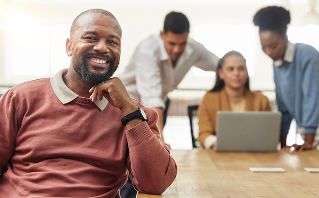 Leadership smile and portrait of black man in office for business project management and mindset Face professional and development with employee in meeting for corporate motivation or manager