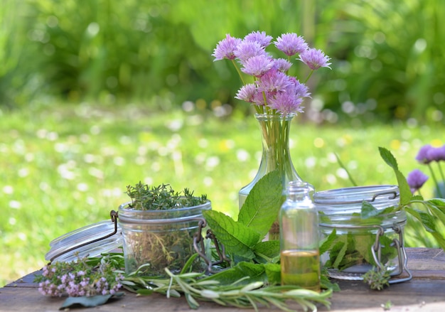 Leaf of aromatic plant with glass jar and oil in a bottle arranged on a table in a garden