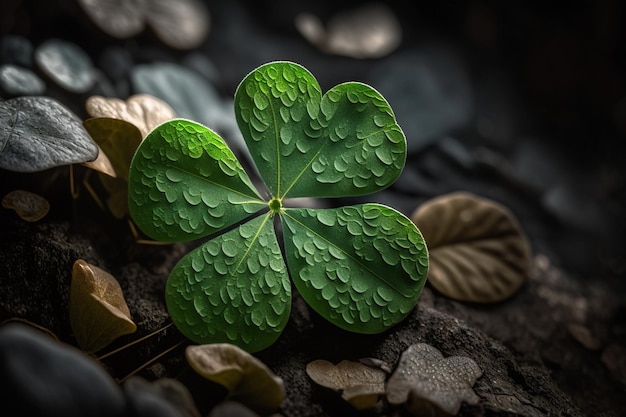 A leaf clover is on the ground with the word luck.