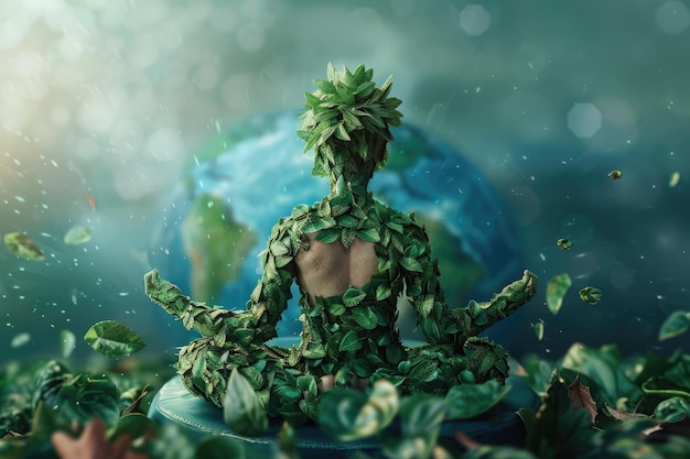 Leaf Figure Meditating on Earth for International Yoga Day