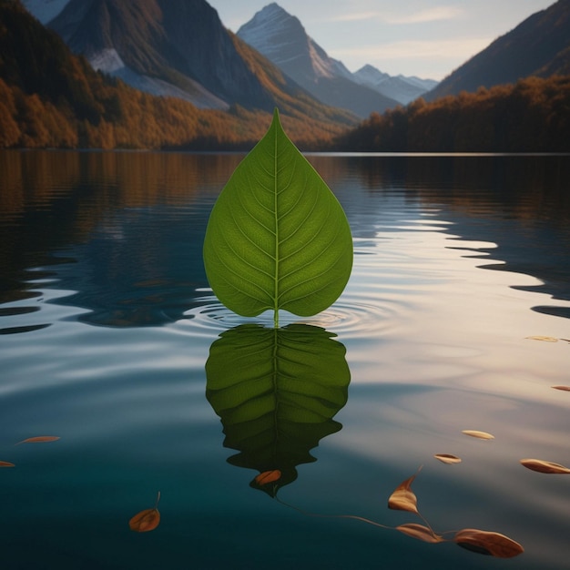 Photo a leaf floating in the water with mountains in the background