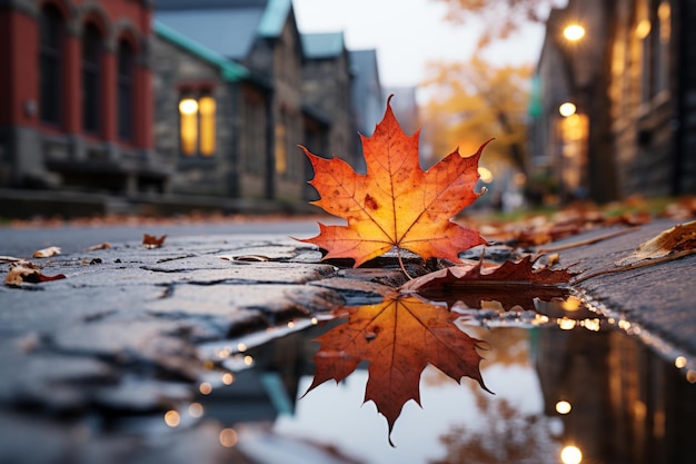 A leaf laying on a concrete sidewalk in front of a building