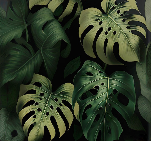 Leaf monstera pattern on a dark background at green colors Generated AI Illustration for design postcard or print