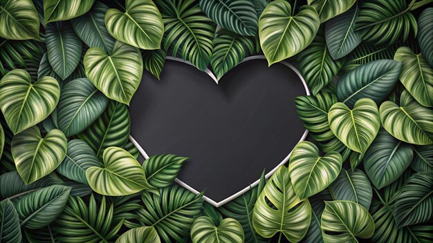 Photo leaf pattern nature frame layout of heart shaped green leaves homalomena tropical foliage plant on dark background with white frame border