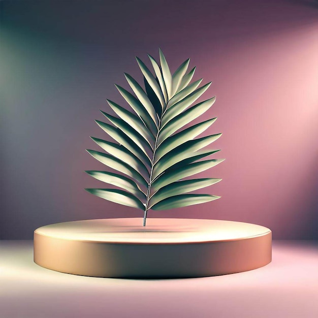 A leaf on a pedestal with a pink background and a light on it.