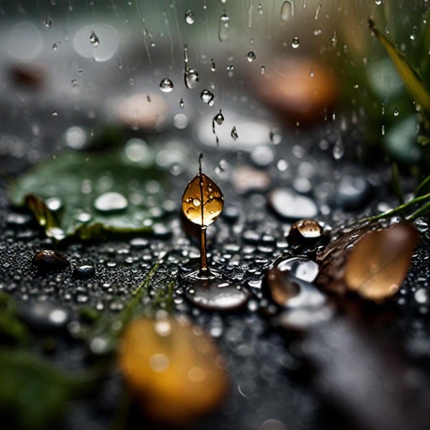 a leaf in the rain is on a wet surface