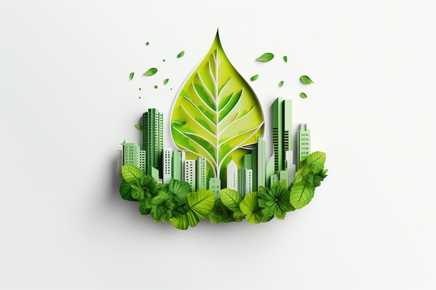 A leaf recycling symbol with green city in paper style