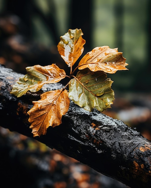 'A leaf rests on a tree branch in the woods' Generative AI