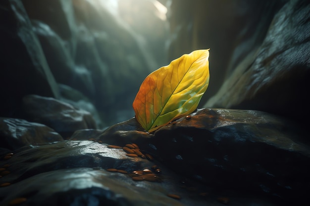 A leaf on a rock with the sun shining on it