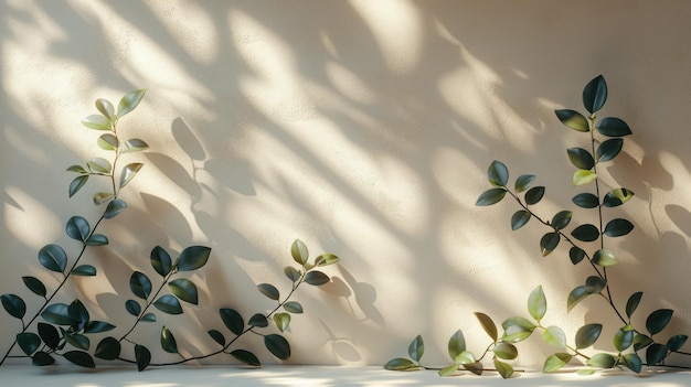 Leaf shadow and sunshine reflection Green plant leaves and gray darkness with shade light lighting on concrete wall wallpaper