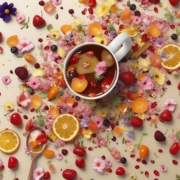 leaf tea with flower and fruit sprinkles