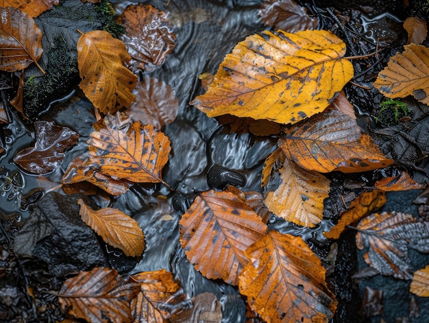 Leaf Texture Tranquility Forest Stream Closeup of textured leaf surfaces beside a babbling forest stream ar 43 style raw stylize 250 Job ID 88d4832cb8d14ae7a09410c7c0833495