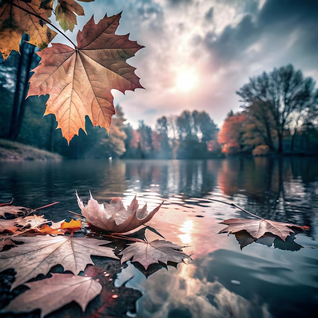 Photo a leaf that is laying on the ground next to a lake