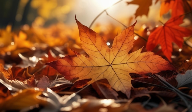 A leaf that is on a leaf that is red and yellow