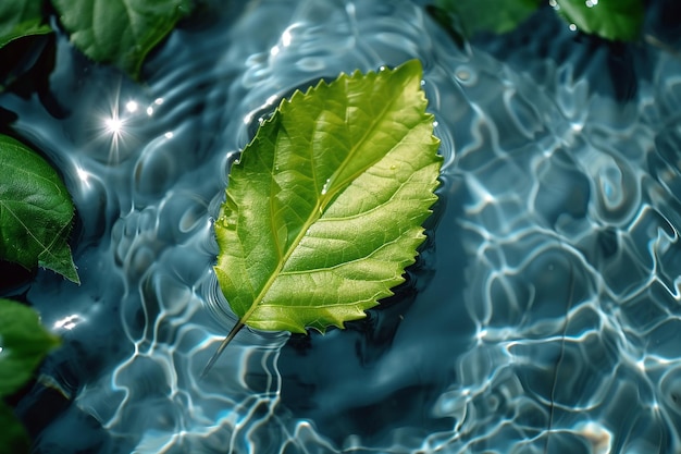 Photo a leaf that is in water with the sun shining on it