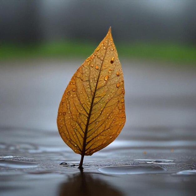 a leaf that is on a wet surface with rain drops