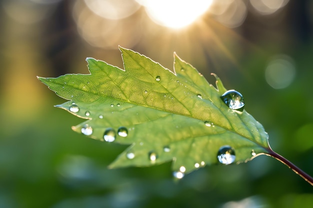 A leaf with dew drops on it