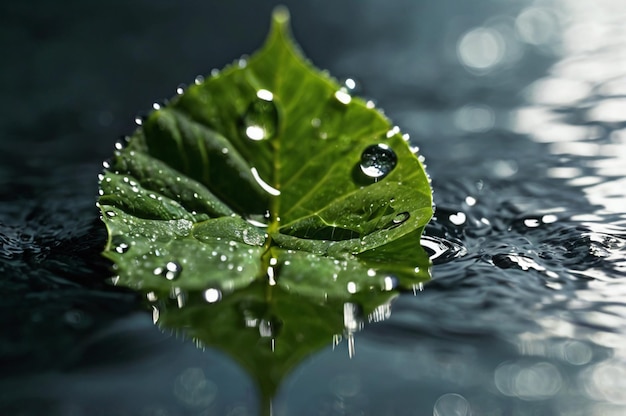 Leaf with Dew Drops on Reflective Pool Natures Delicate Beauty