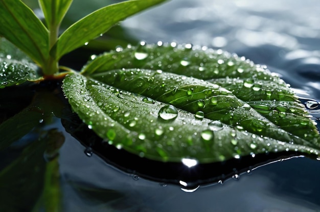 Leaf with Dew Drops on Reflective Pool Natures Delicate Beauty