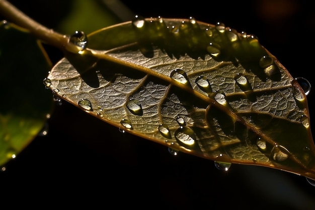 Leaf with drops of dew Generative AI