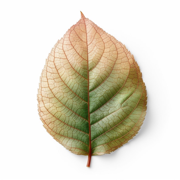 A leaf with green and red veins is shown on a white background.