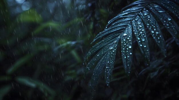 Photo a leaf with rain drops on it and a dark background