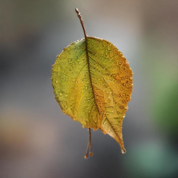 a leaf with rain drops on it is on a wet background