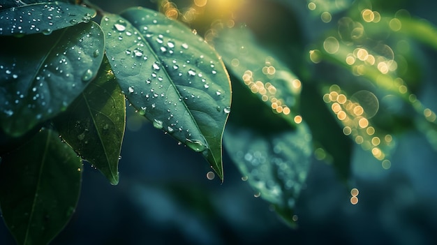 A leaf with raindrops on it