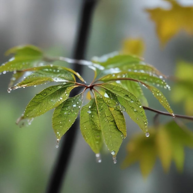 a leaf with water droplets on it and a blurry background