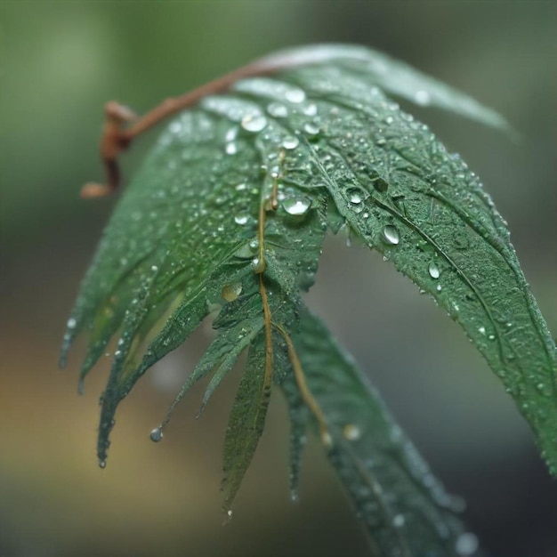 a leaf with water droplets on it and a blurry background