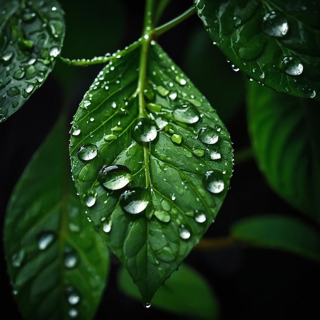 a leaf with water droplets on it and a green leaf with water droplets on it