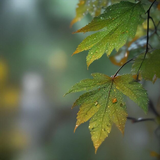 a leaf with water drops on it and a blurry background