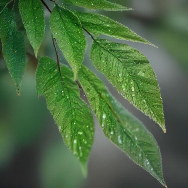 a leaf with water drops on it and a blurry background