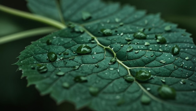 a leaf with water drops on it and a few water droplets on it